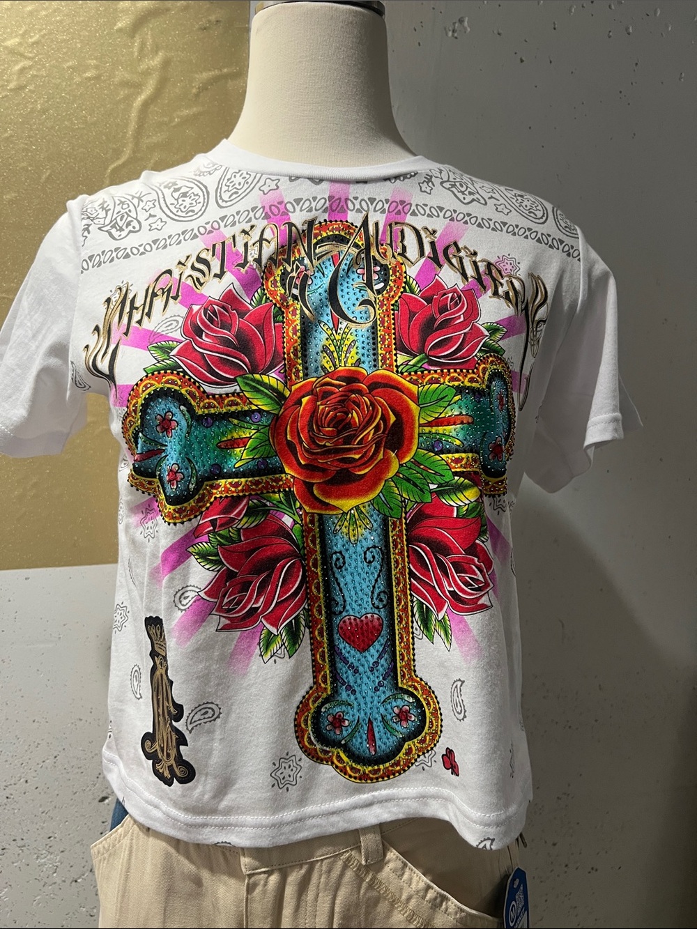 White Graphic Kids Tee with Colorful Cross & Roses. New never wear.